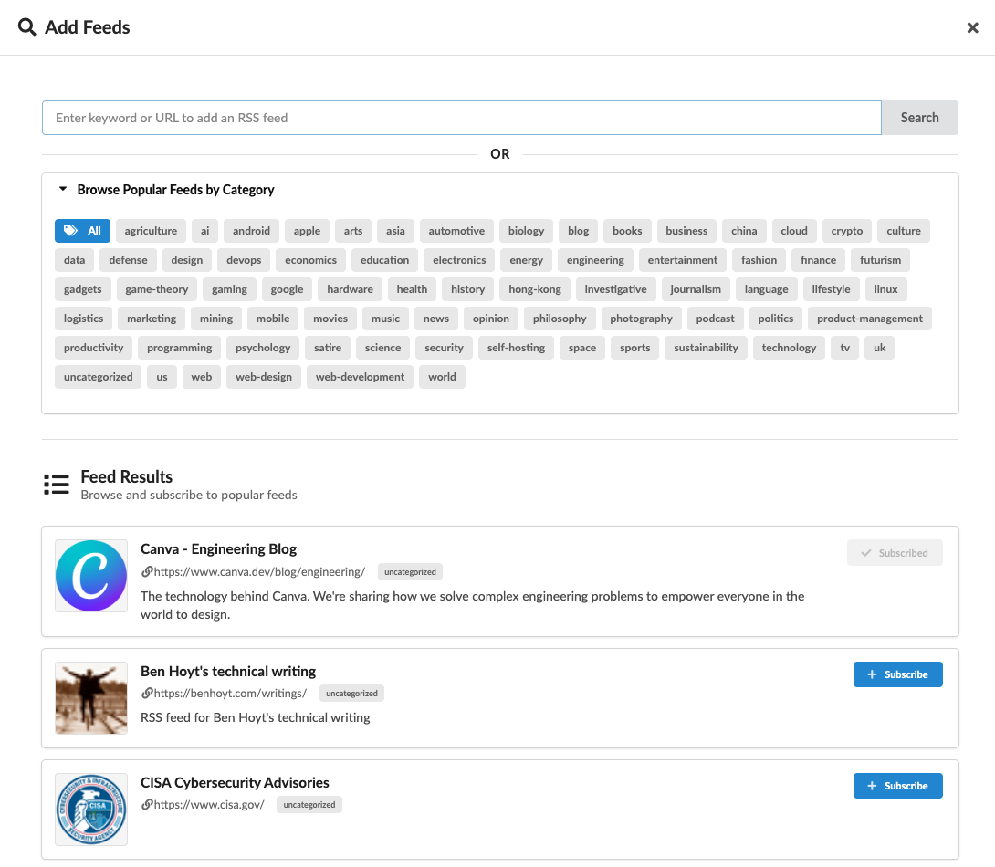 Browse and subscribe to RSS feeds