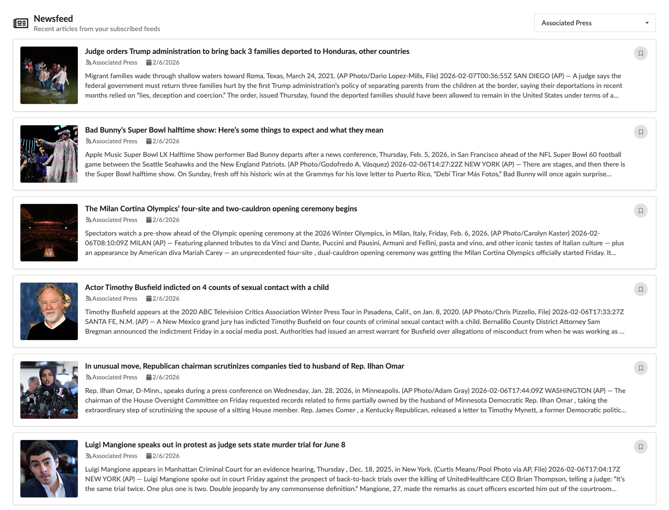 Unified newsfeed with articles from all your subscribed feeds