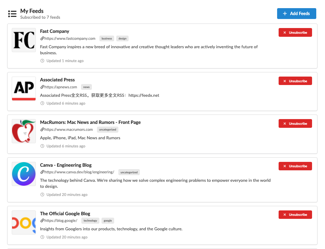 Manage your subscribed feeds and auto-save rules